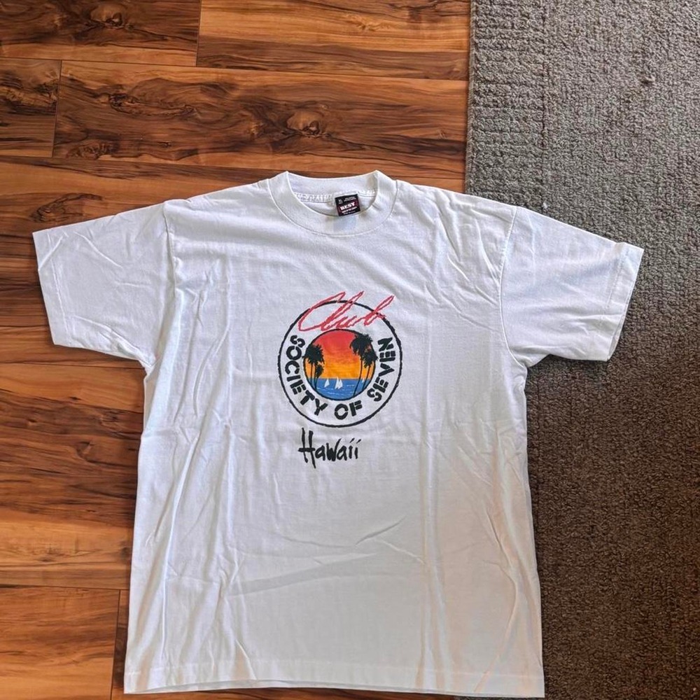 Vintage Cliff "Society of Seven" Hawaii graphic T-shirt on a Made in USA